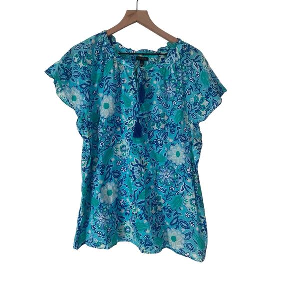 Talbots Womens Short Sleeve Blue Green Floral Tassel Lightweight Blouse Size XL - Picture 1 of 5